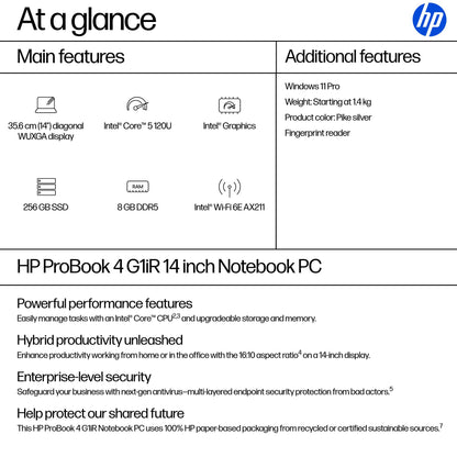 HP ProBook 4 G1iR Intel Core 5 120U Laptop 35.6 cm (14") WUXGA 8 GB DDR5-SDRAM 256 GB SSD Wi-Fi 6E (802.11ax) Windows 11 Pro Silver