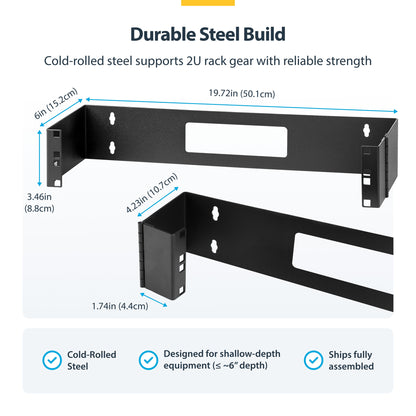 StarTech.com 2U Hinged Wall Mount Patch Panel Bracket - 6 inch Deep - 19" Patch Panel Swing Rack for Shallow Network Equipment- 22lbs