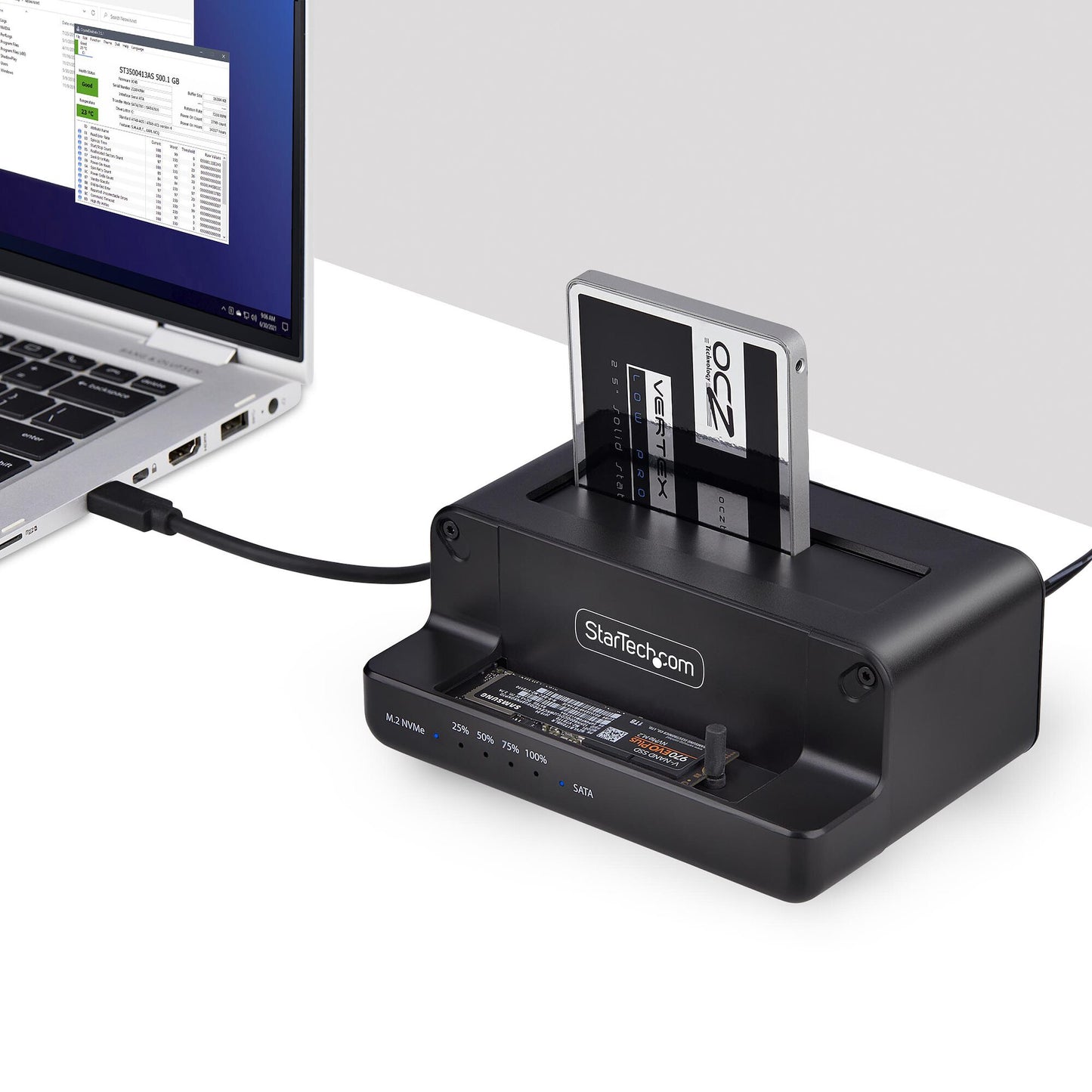 StarTech.com M.2 NVMe to 2.5/3.5" SATA Drive Duplicator, Dual Bay Standalone SSD Cloner/Drive Dock, Bidirectional NVMe to SATA / SATA to NVMe, Up to 27GBpm, TAA
