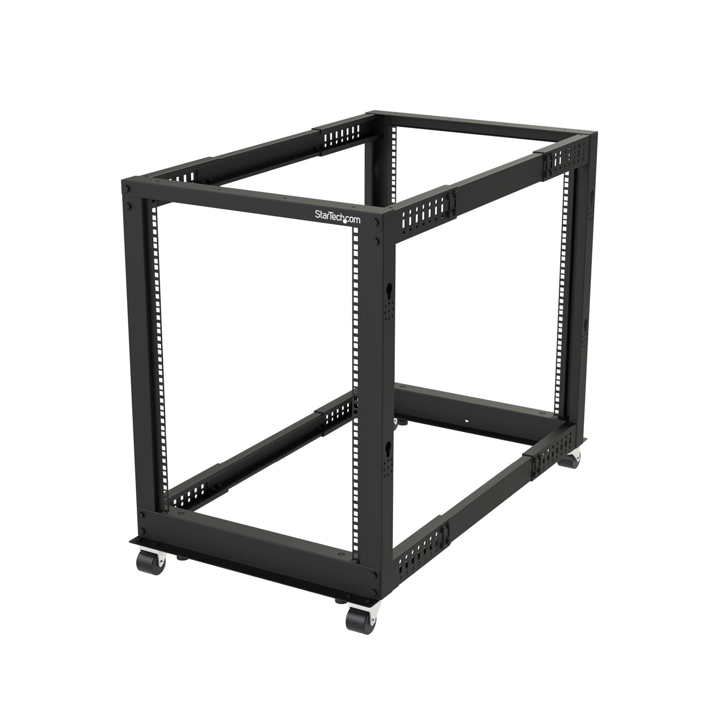 StarTech.com 4-Post 15U Mobile Open Frame Server Rack, Four Post 19" Network Rack with Wheels, Rolling Rack with Adjustable Depth for Computer/AV/Data/IT Equipment - Casters, Leveling Feet or Floor Mounting