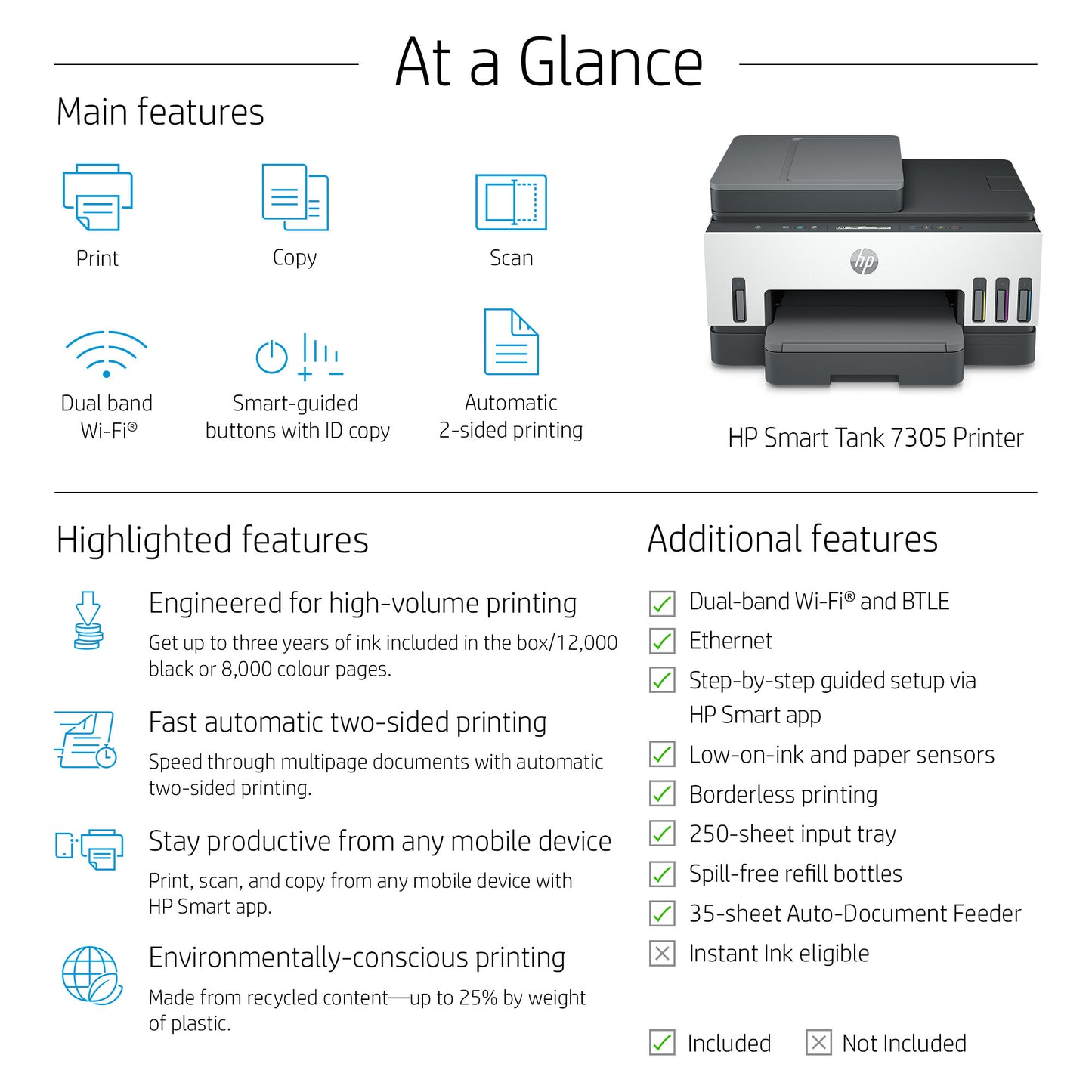 HP Smart Tank 7305 Wireless All-in-One Color Printer, Two-sided printing; Copier, Scanner