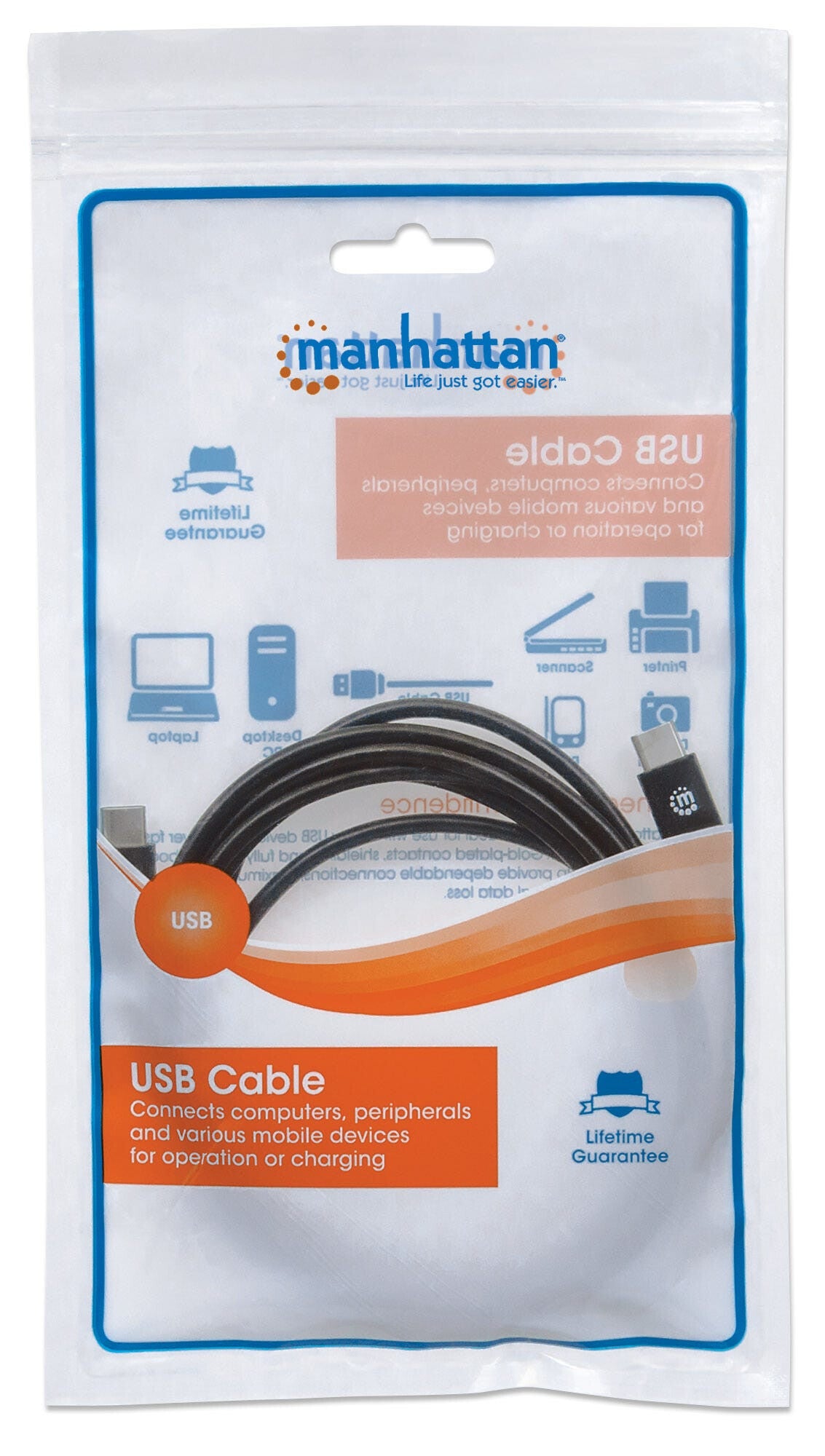 Manhattan USB-C to USB-C Cable, 2m, Male to Male, Black, 480 Mbps (USB 2.0), 3A, Equivalent to USB2CC2M, Hi-Speed USB, Lifetime Warranty, Polybag