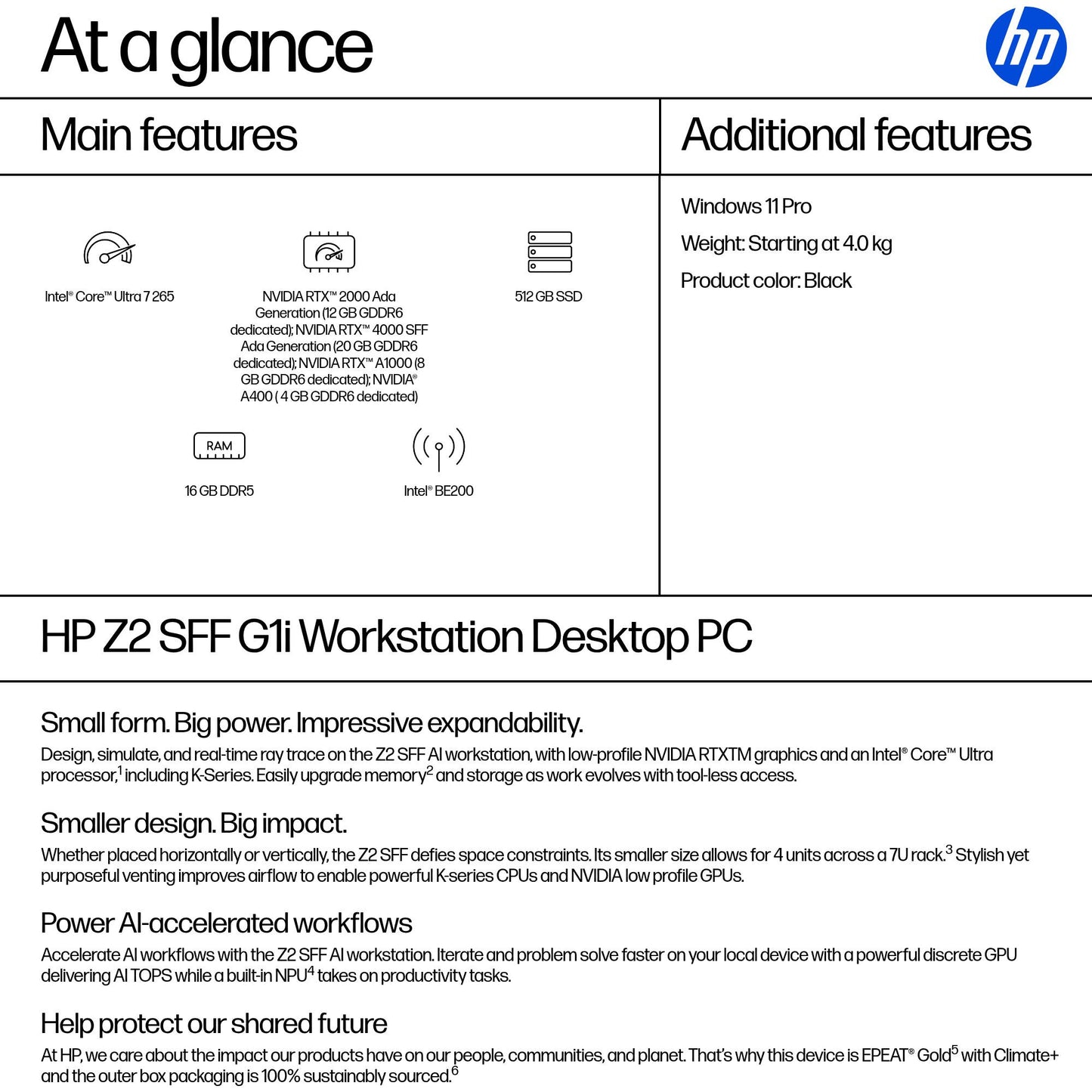 HP Z2 SFF G1i Intel Core Ultra 7 265 16 GB DDR5-SDRAM 512 GB SSD Windows 11 Pro Workstation AI Workstation, AI PC Black