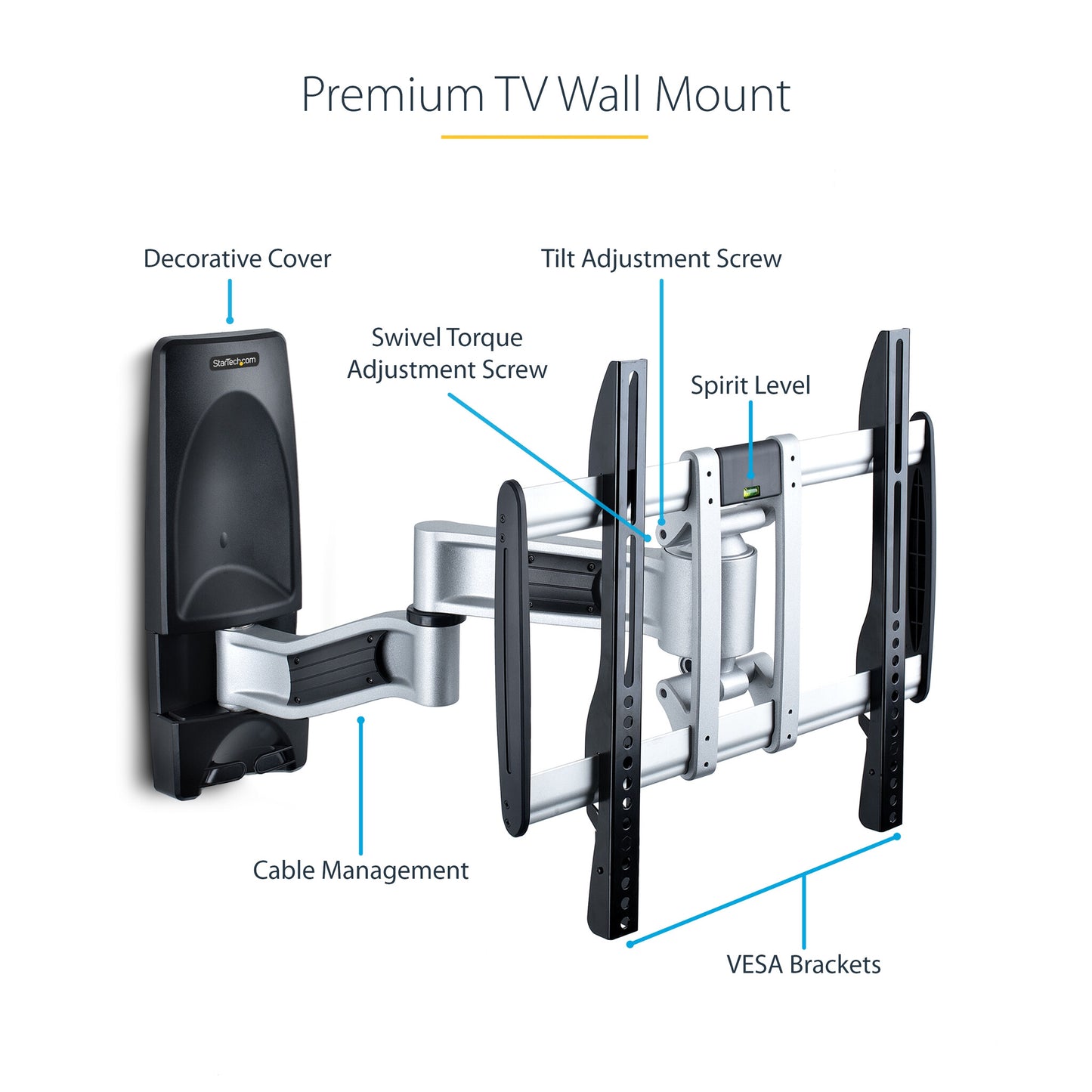 StarTech.com Articulating TV Wall Mount, VESA Wall Mount, Supports 26 to 65 inch/99lb/Flat/Curved TVs, Retractable Low Profile Wall Mount TV Bracket, Adjustable Corner TV Wall Mount - TAA