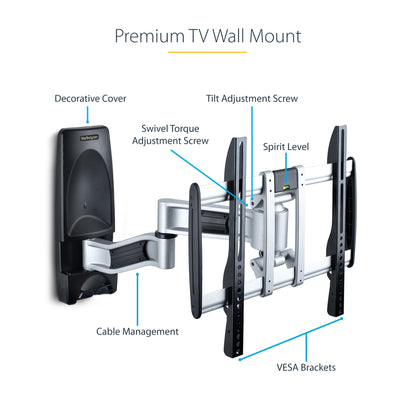 StarTech.com Articulating TV Wall Mount, VESA Wall Mount, Supports 26 to 65 inch/99lb/Flat/Curved TVs, Retractable Low Profile Wall Mount TV Bracket, Adjustable Corner TV Wall Mount - TAA