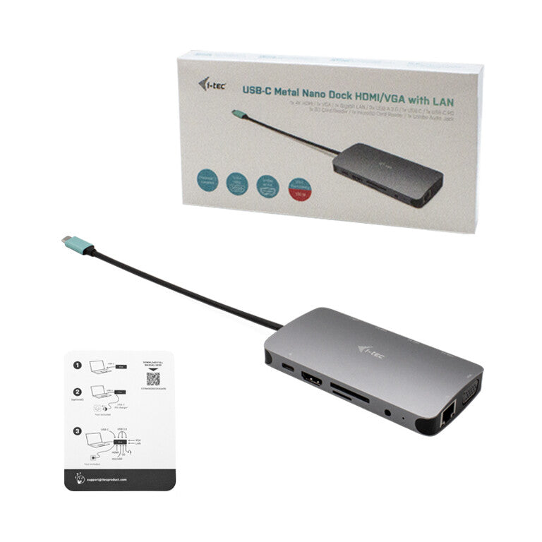 i-tec Metal USB-C Nano Dock HDMI/VGA with LAN + Charger 100W