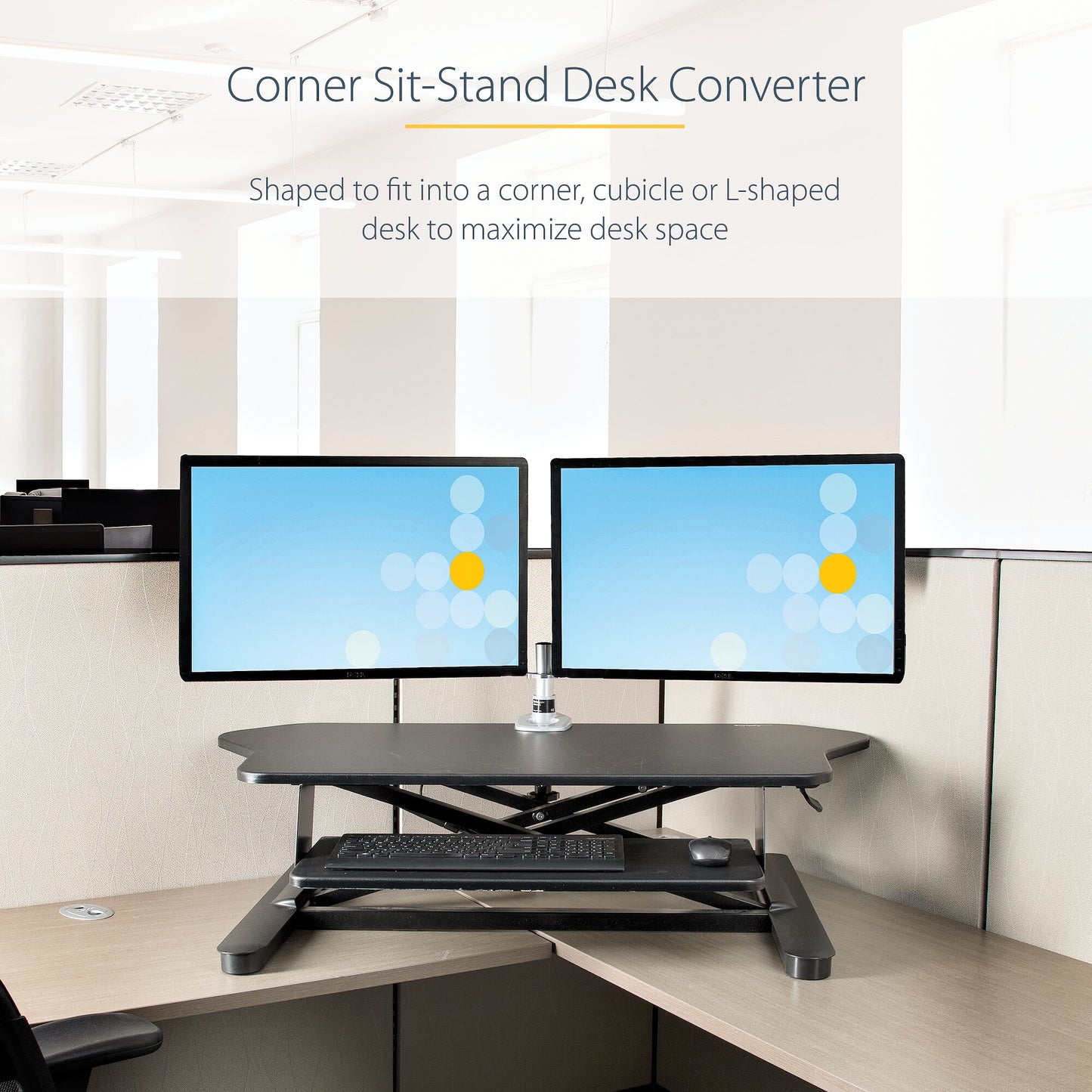 StarTech.com Corner Sit Stand Desk Converter with Keyboard Tray - Large Surface (35" x 21") - Height Adjustable Ergonomic Desktop/Tabletop Standing Workstation - Supports Dual Monitors - TAA