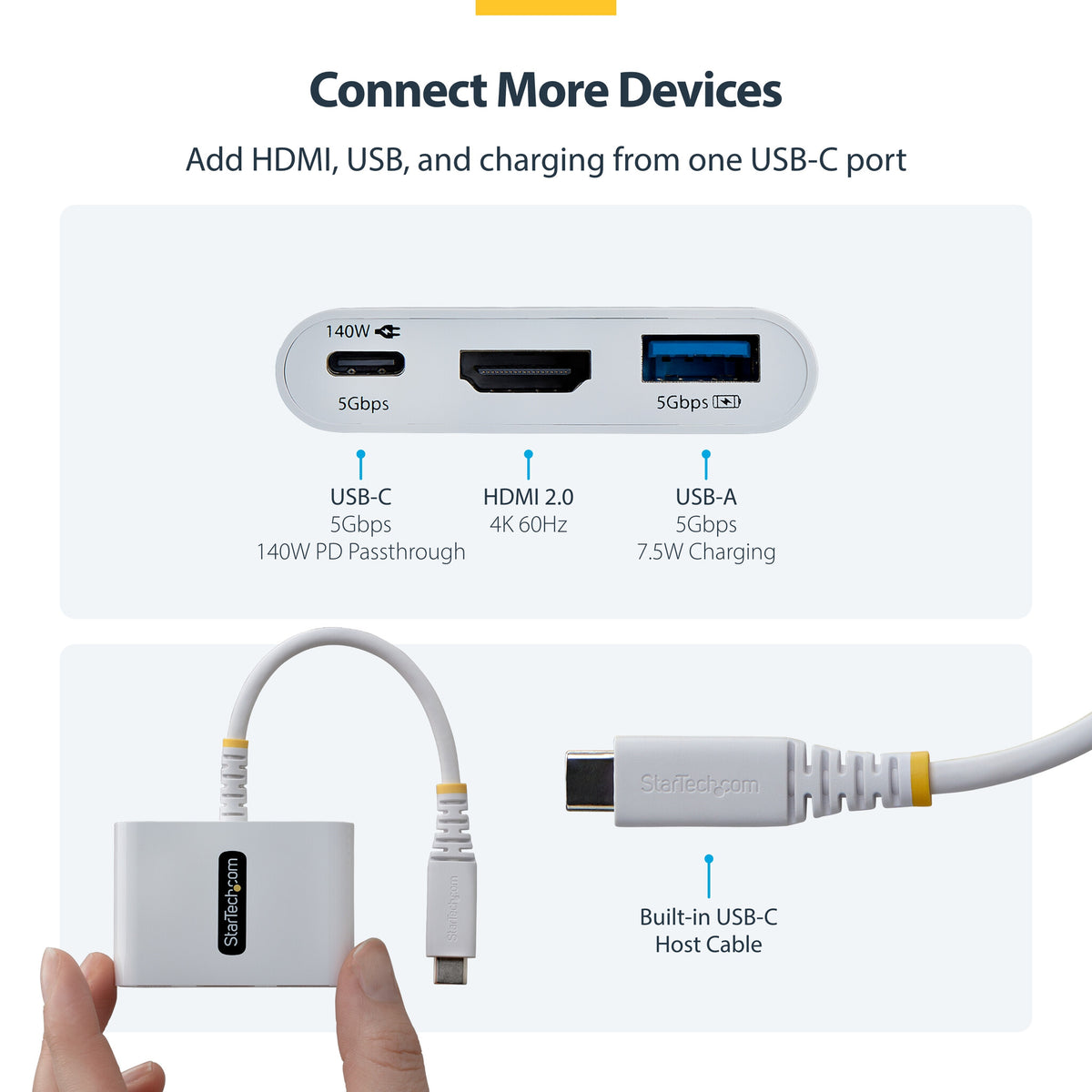 StarTech.com USB-C to HDMI Multiport Adapter with 140W PD Charging, 4K 60Hz HDMI, USB 5Gbps Hub, Mini Dock For MacBook / Dell / Thinkpad / HP / iPad / Tablets