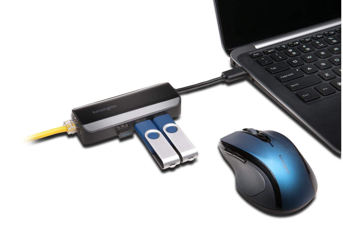 Kensington UA3000E USB 3.0 Ethernet Adapter & 3-Port Hub — Black