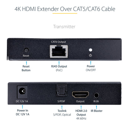 StarTech.com 4K HDMI Extender Over CAT5/CAT6 Cable, 4K 60Hz HDR Video Extender Up to 230ft (70m), HDMI Over Ethernet Cabling, S/PDIF Audio Out, HDMI Transmitter and Receiver Kit