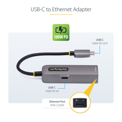 StarTech.com 2.5GbE USB-C to Ethernet Adapter, 100W PD Pass-Through, NBASE-T NIC, USB 3.0 Type-C 2.5/1G Multi Speed Network, Thunderbolt Compatible, Windows & Mac