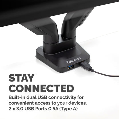 Fellowes Platinum Series Dual Monitor Arm - Monitor Mount for Two 8KG 40 Inch Screens - Adjustable Dual Monitor Desk Mount - Tilt 45° Pan 180° Swivel 360° Rotation 360°, VESA 75 x 75/100 x 100 - Black