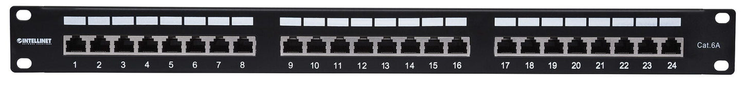 Intellinet Patch Panel, Cat6a, FTP, 24-Port, 1U, Shielded, 90° Top-Entry Punch Down Blocks, Black