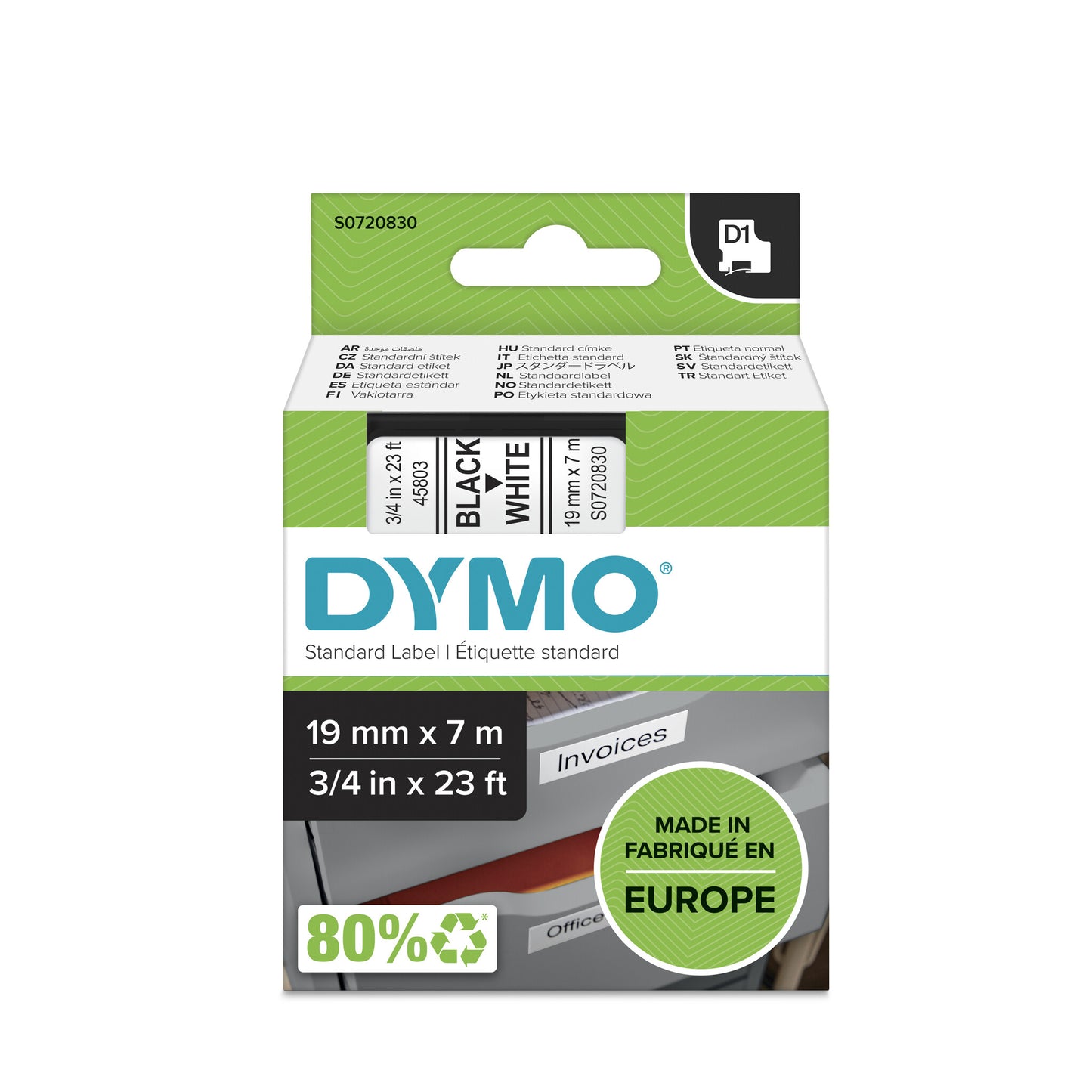 DYMO Authentic D1 Labels | Black Print on White Tape | 19 mm x 7 m | Self-Adhesive Labels for LabelManager Label Makers | Made in Europe