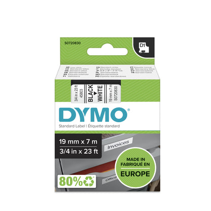 DYMO Authentic D1 Labels | Black Print on White Tape | 19 mm x 7 m | Self-Adhesive Labels for LabelManager Label Makers | Made in Europe