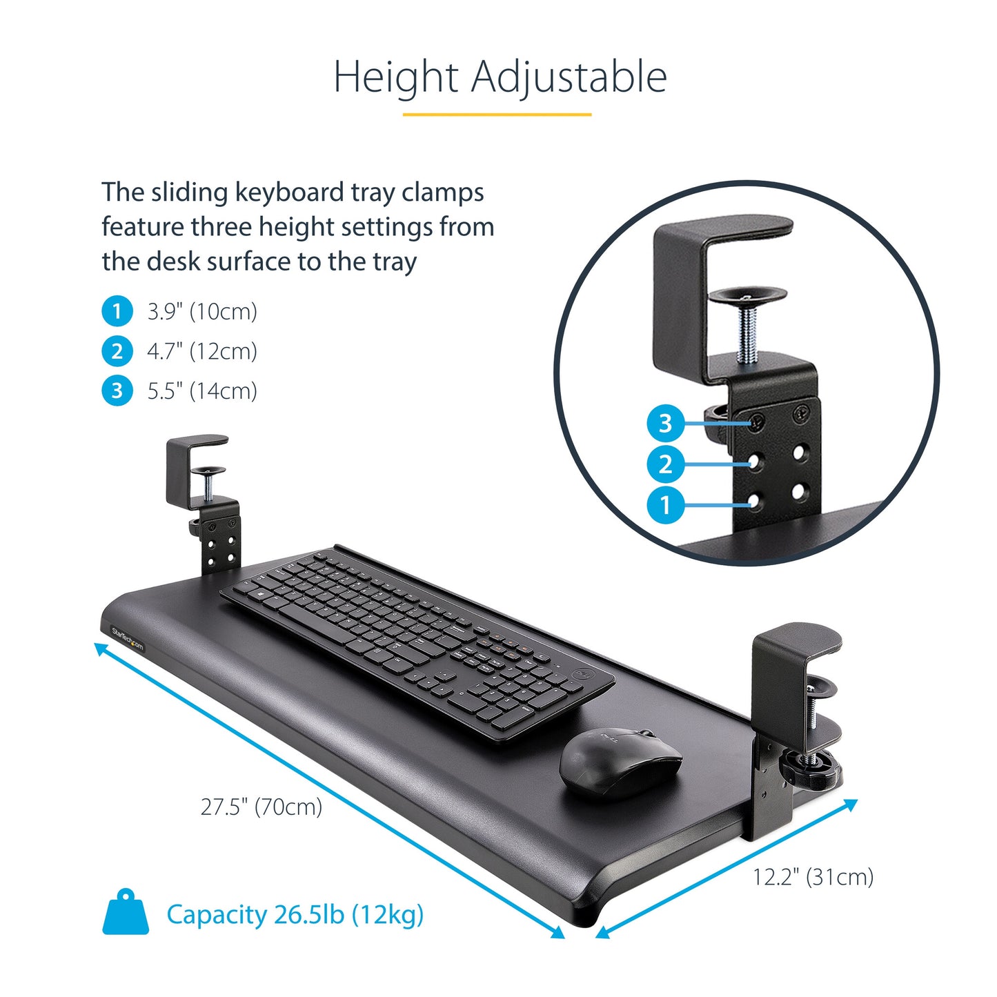StarTech.com Under-Desk Keyboard Tray, Clamp-on Ergonomic Keyboard Holder, Up to 12kg (26.5lb), Sliding Keyboard and Mouse Drawer with C-Clamps, Height Adjustable Keyboard Tray (3.9/4.7/5.5 in) - TAA