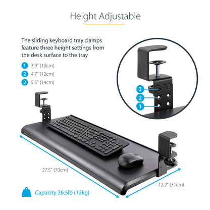 StarTech.com Under-Desk Keyboard Tray, Clamp-on Ergonomic Keyboard Holder, Up to 12kg (26.5lb), Sliding Keyboard and Mouse Drawer with C-Clamps, Height Adjustable Keyboard Tray (3.9/4.7/5.5 in) - TAA