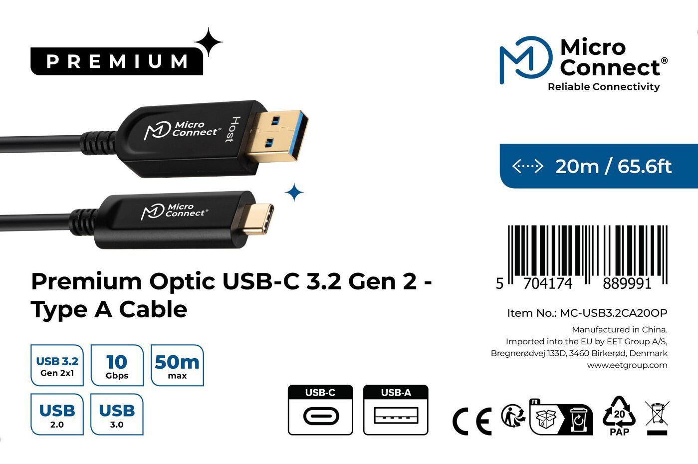 Microconnect MC-USB3.2CA20OP USB cable USB 3.2 Gen 2 (3.1 Gen 2) 20 m USB A USB C Black