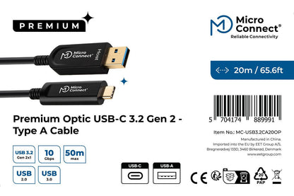 Microconnect MC-USB3.2CA20OP USB cable USB 3.2 Gen 2 (3.1 Gen 2) 20 m USB A USB C Black