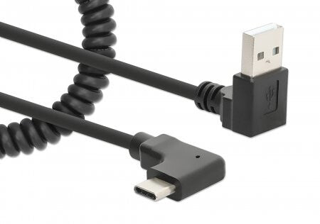 Manhattan USB-C to USB-A Charging Cable, 1m, Coiled Tangle-Resistant Design, Angled Connectors, Ideal for Charging Cabinets/Carts, Charge Only - No Data Sync, Black, Lifetime Warranty