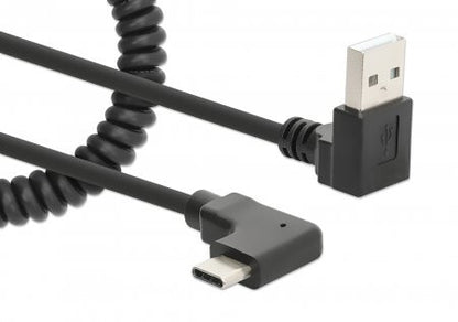 Manhattan USB-C to USB-A Charging Cable, 1m, Coiled Tangle-Resistant Design, Angled Connectors, Ideal for Charging Cabinets/Carts, Charge Only - No Data Sync, Black, Lifetime Warranty