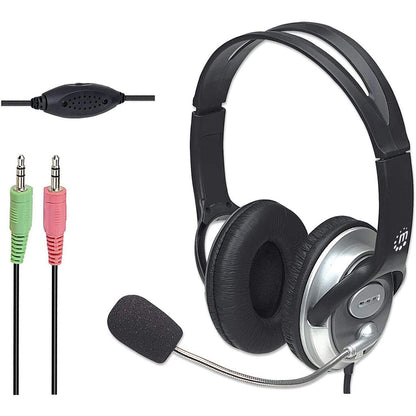 Manhattan Stereo Over-Ear Headset (3.5mm), Microphone Boom (padded), Adjustable Steel Headband, In-Line Volume Control, Ear Cushions, Std 2x 3.5mm stereo jack/plug for audio/mic use, cable 2.5m, 3 Year Warranty