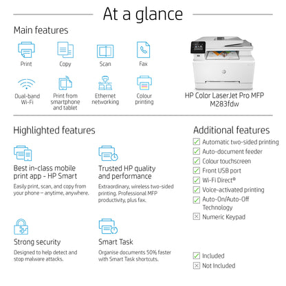 HP LaserJet Pro M283fdw Wireless Multifunction Color Printer, Copier, Scanner; Duplex