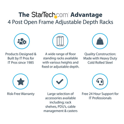 StarTech.com 4-Post 12U Mobile Open Frame Server Rack, Four Post 19" Network Rack with Wheels, Rolling Rack with Adjustable Depth for Computer/AV/Data/IT Equipment - Casters, Leveling Feet or Floor Mounting