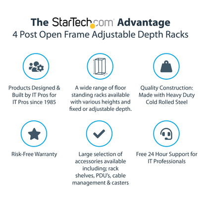 StarTech.com 25U 4-Post Server Rack, 19in Open Frame Rack with 40in (101cm) Mounting Depth and 1200lb (544kg) Weight Capacity, Mobile or Floor Mount IT Rack