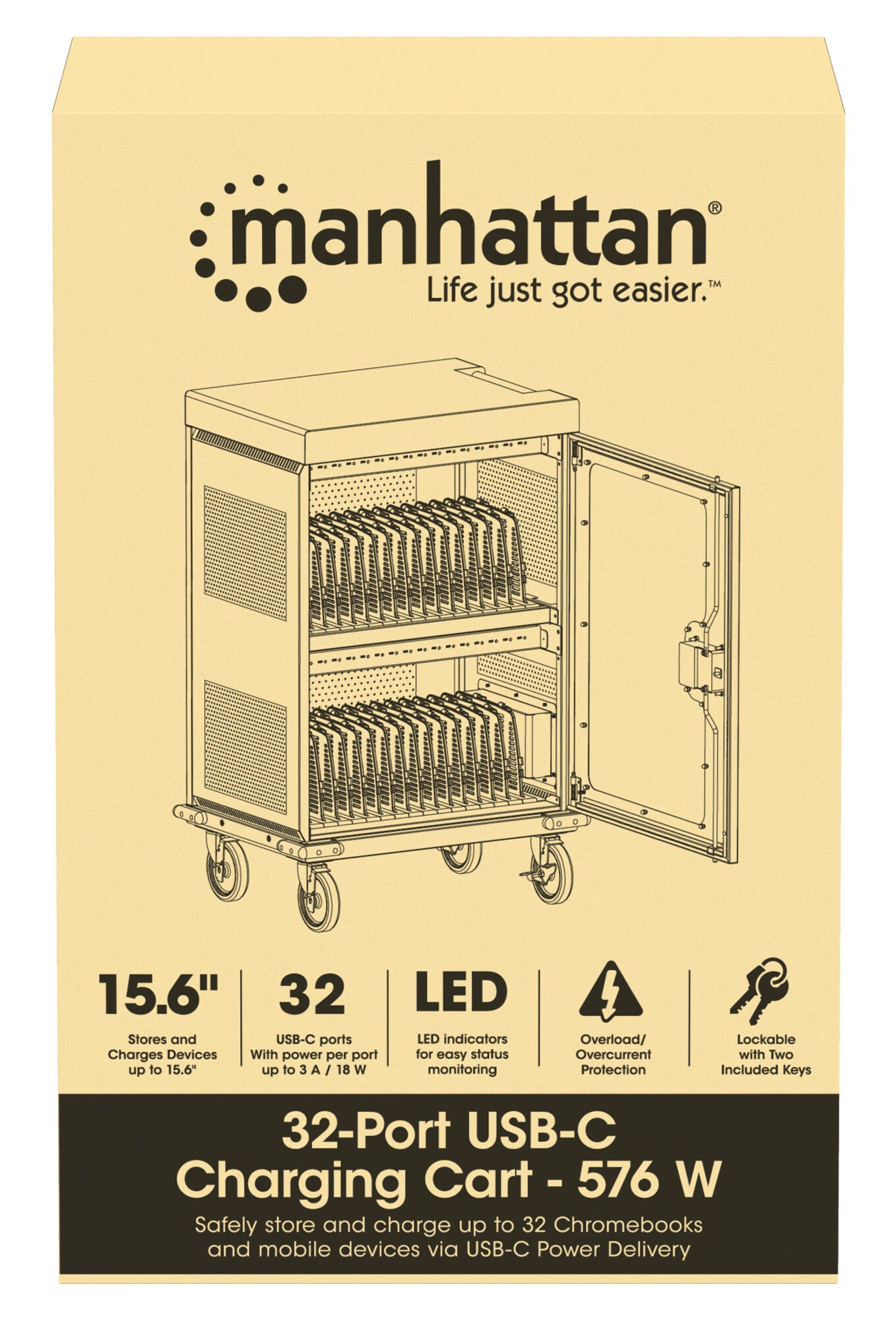 Manhattan iPad to 13", MacBook Air to 15" & Chromebook 15.6" 32-bay Charging Trolley/Cart via USB-C, Also other tablets/smartphones (with device to USB-C cable), Bays 404x27.6x283mm,Device charging cables not included (suggest USB-C cable 354868),Cabinet