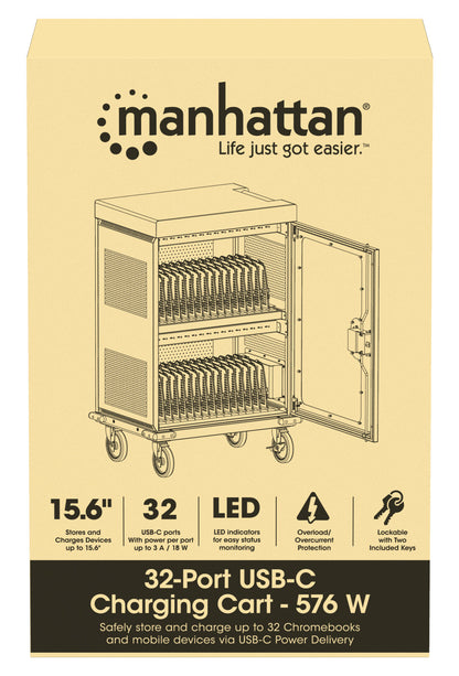 Manhattan iPad to 13", MacBook Air to 15" & Chromebook 15.6" 32-bay Charging Trolley/Cart via USB-C, Also other tablets/smartphones (with device to USB-C cable), Bays 404x27.6x283mm,Device charging cables not included (suggest USB-C cable 354868),Cabinet