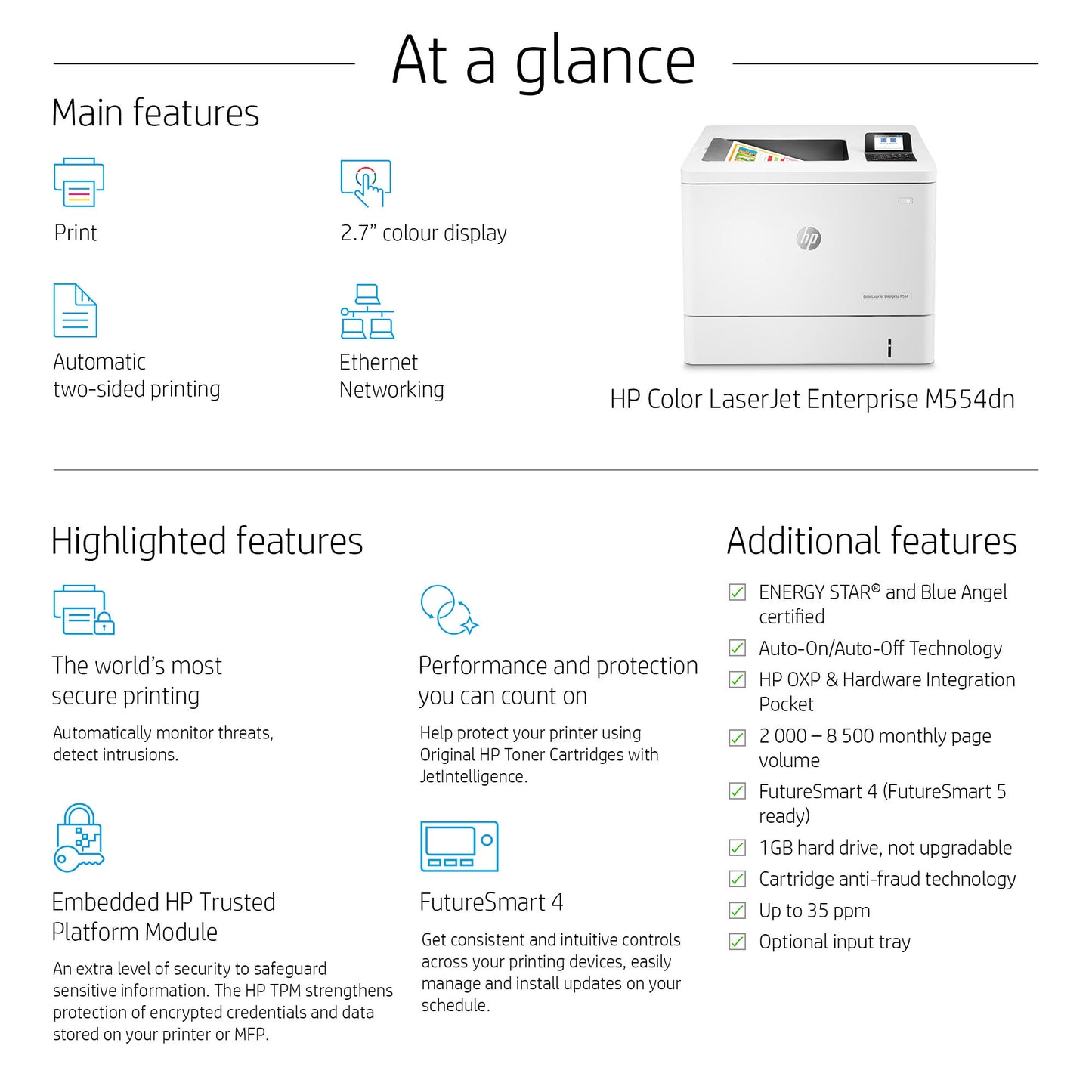 HP Color LaserJet Enterprise LaserJet Enterprise M554dn Color Printer, Ethernet Only; Duplex