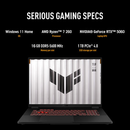 ASUS TUF Gaming A16 FA608UMI-TU168W AMD Ryzen™ 7 260 Laptop 40.6 cm (16") WUXGA 16 GB DDR5-SDRAM 1 TB SSD NVIDIA® GeForce RTX™ 5060 Laptop GPU Wi-Fi 6E (802.11ax) Windows 11 Home Grey