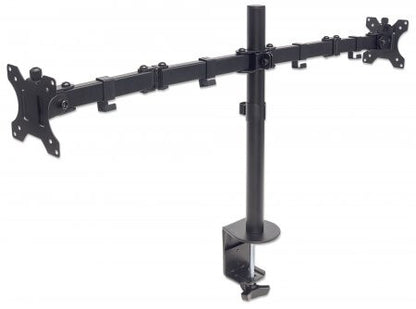 Manhattan Dual Desk Mount for TV & Monitors (Full Motion), For screens 10" to 27", Clamp Assembly, VESA compatibility: 75x75 and 100x100mm - check the dimensions of the four mounting holes on back of screen to ensure it fits, Max 8kg (each), Black, Bracke