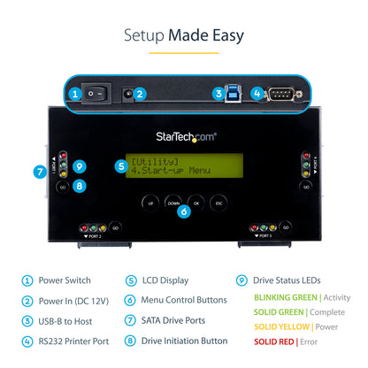 StarTech.com 4 Bay SSD/HDD Hard Drive Eraser - 2.5" & 3.5" SATA - Hostless Standalone Secure Erase External Disk Sanitizer - 9 Erase Modes - RS232 Printer Port - NIST/DOD & TAA Compliant