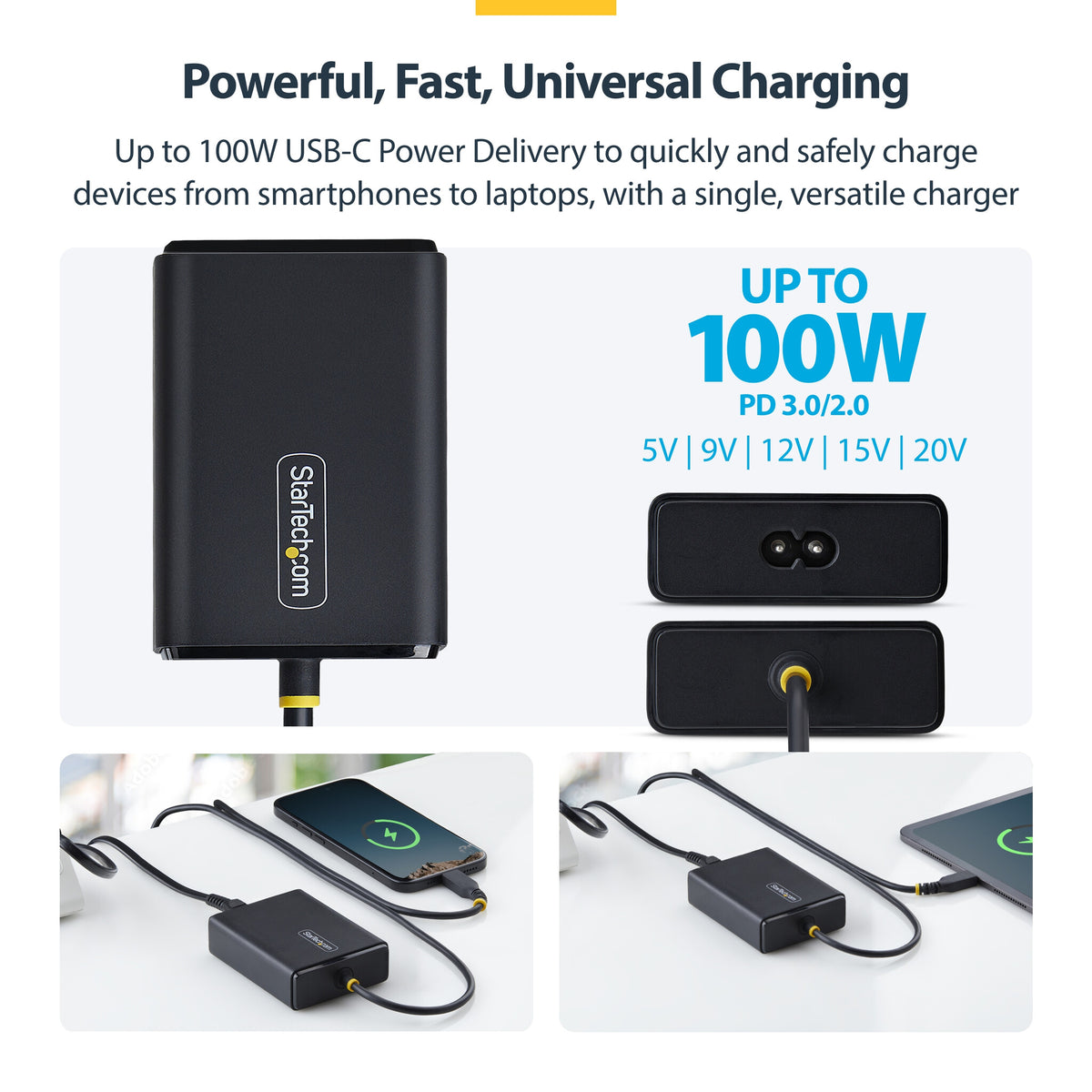 StarTech.com 100W USB-C Laptop Charger with 1.5m Tethered USB-C Cable, Power Adapter Brick for Dell, XPS, HP ProBook, MacBook Pro, Microsoft Surface Pro