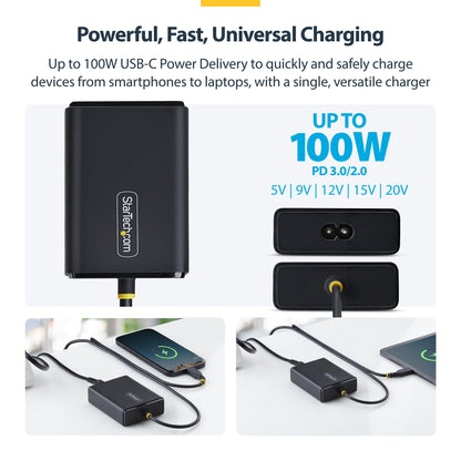 StarTech.com 100W USB-C Laptop Charger with 1.5m Tethered USB-C Cable, Power Adapter Brick for Dell, XPS, HP ProBook, MacBook Pro, Microsoft Surface Pro