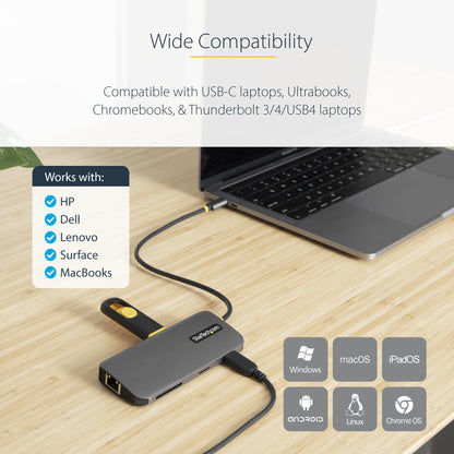 StarTech.com USB C Multiport Adapter 4K 60Hz HDMI Video, 3 Pt 5Gbps USB-A Hub, 100W USB Power Delivery Pass-Through/GbE/SD/MicroSD, 12"/30cm Cable, Travel Laptop Docking Station