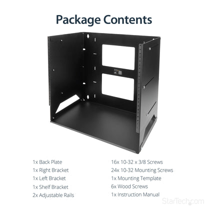 StarTech.com 2-Post 8U Open Frame Wall Mount Network Rack with Built-in Shelf, Wall Mount Data Rack with Adjustable Depth for AV / Computer / IT Equipment, Small Wall-Mount Server Rack - TAA Compliant