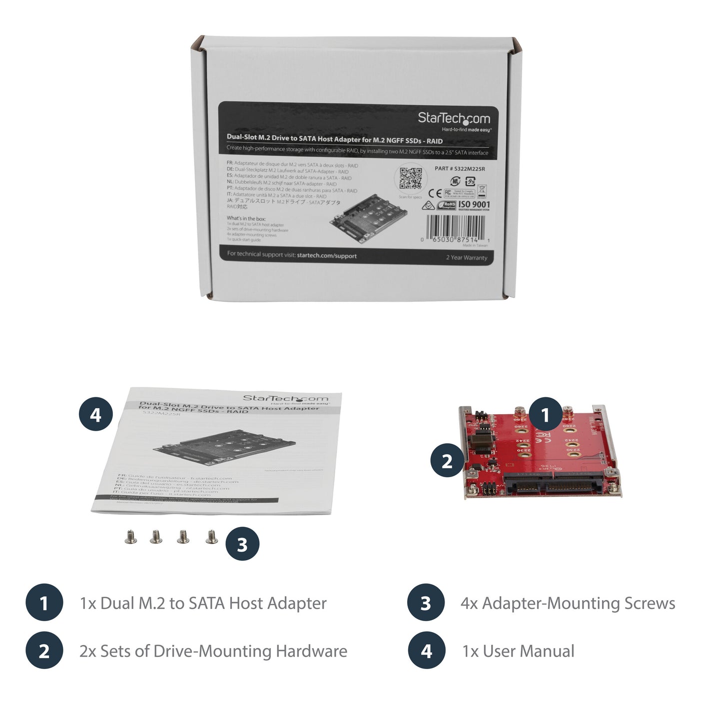 StarTech.com M.2 to SATA Adapter for M.2 SATA SSDs, Dual Slot M2 Drive Host Adapter/Converter with RAID Support, 2.5-Inch Drive Form Factor, TAA