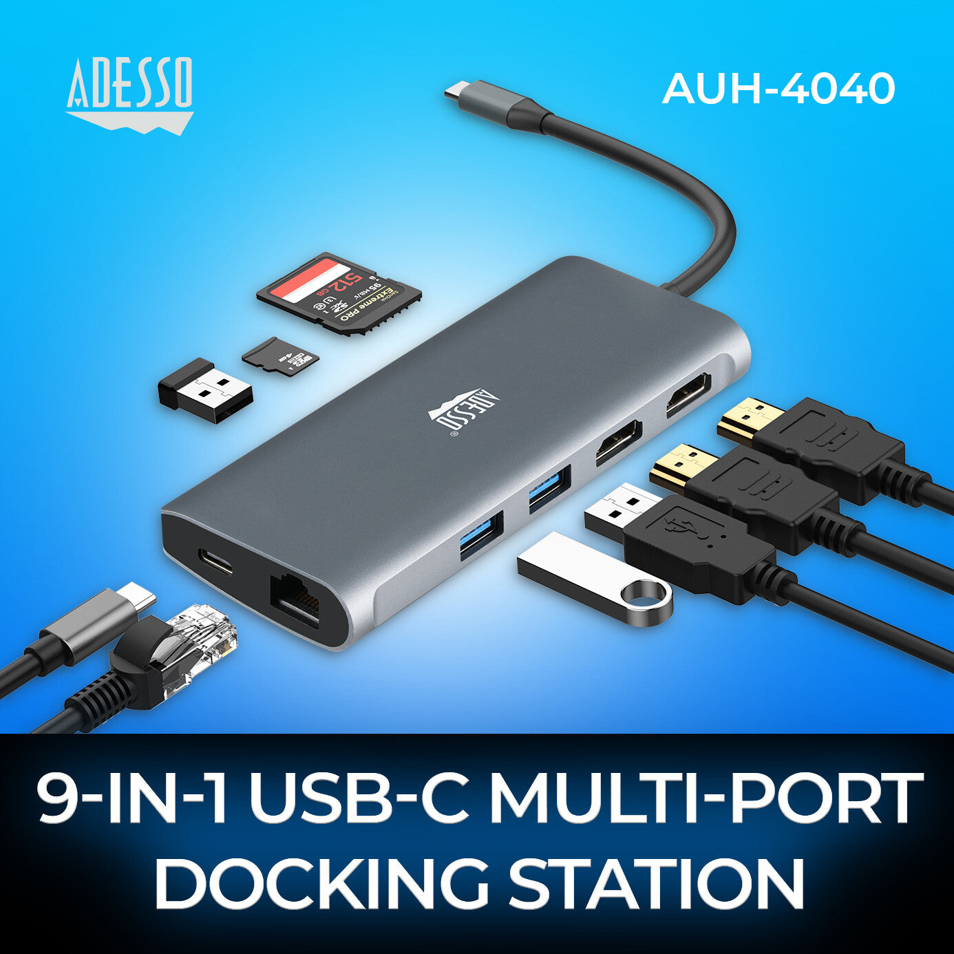 Adesso AUH-4040 laptop dock/port replicator Wired USB 3.2 Gen 1 (3.1 Gen 1) Type-C Grey