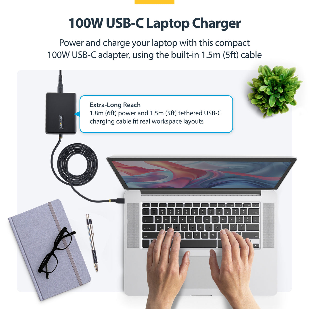 StarTech.com 100W USB-C Laptop Charger with 1.5m Tethered USB-C Cable, Power Adapter Brick for Dell, XPS, HP ProBook, MacBook Pro, Microsoft Surface Pro
