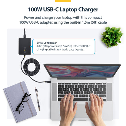 StarTech.com 100W USB-C Laptop Charger with 1.5m Tethered USB-C Cable, Power Adapter Brick for Dell, XPS, HP ProBook, MacBook Pro, Microsoft Surface Pro
