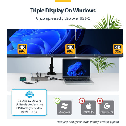 StarTech.com USB-C Docking Station Triple 4K Displays (2x 4K 60Hz, 1x 4K 30Hz), 100W Power Delivery, 6 USB Ports (10Gbps), Gigabit Ethernet, DisplayPort + HDMI, Driverless Windows Laptop Dock