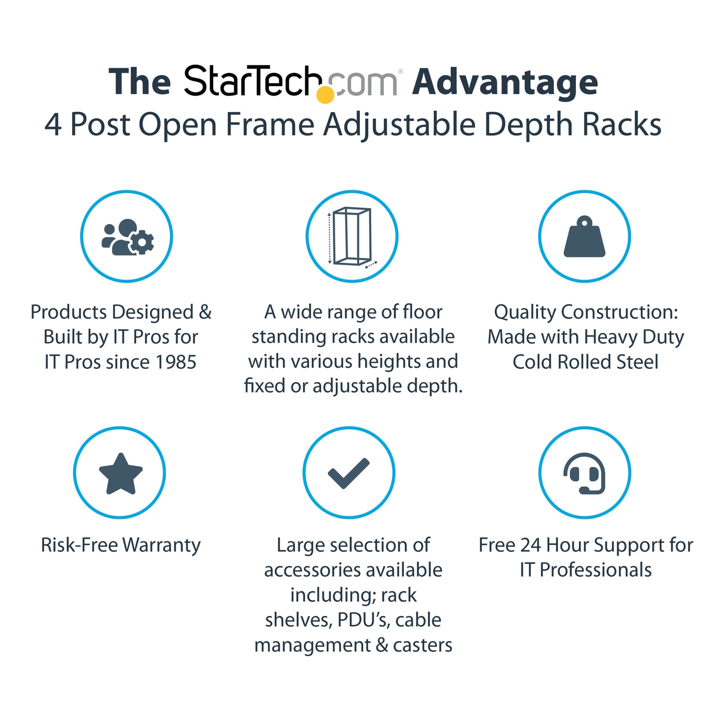 StarTech.com 4-Post 15U Mobile Open Frame Server Rack, Four Post 19" Network Rack with Wheels, Rolling Rack with Adjustable Depth for Computer/AV/Data/IT Equipment - Casters, Leveling Feet or Floor Mounting