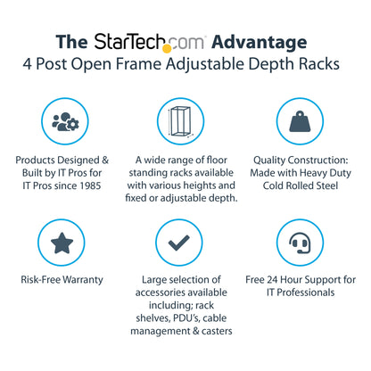 StarTech.com 4-Post 15U Mobile Open Frame Server Rack, Four Post 19" Network Rack with Wheels, Rolling Rack with Adjustable Depth for Computer/AV/Data/IT Equipment - Casters, Leveling Feet or Floor Mounting