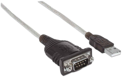 Manhattan USB-A to RS232 Serial Adapter, 1.8m, DB9 Male, Prolific PL-2303RA Chip, Black/Silver, Three Year Warranty