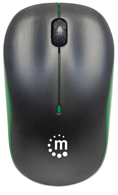 Manhattan Success Wireless Mouse, Black/Green, 1000dpi, 2.4Ghz (up to 10m), USB, Optical, Three Button with Scroll Wheel, USB micro receiver, AA battery (included), Low friction base, Three Year Warranty, Blister