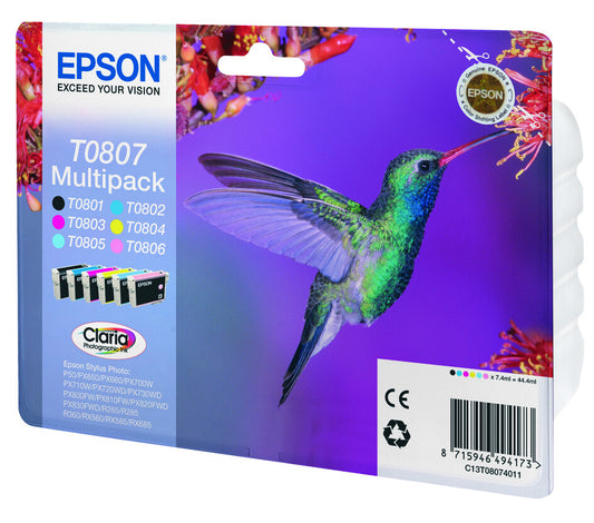 Epson Hummingbird Multipack 6-colours T0807 Claria Photographic ink cartridge, black, cyan, light cyan, light magenta, magenta and yellow