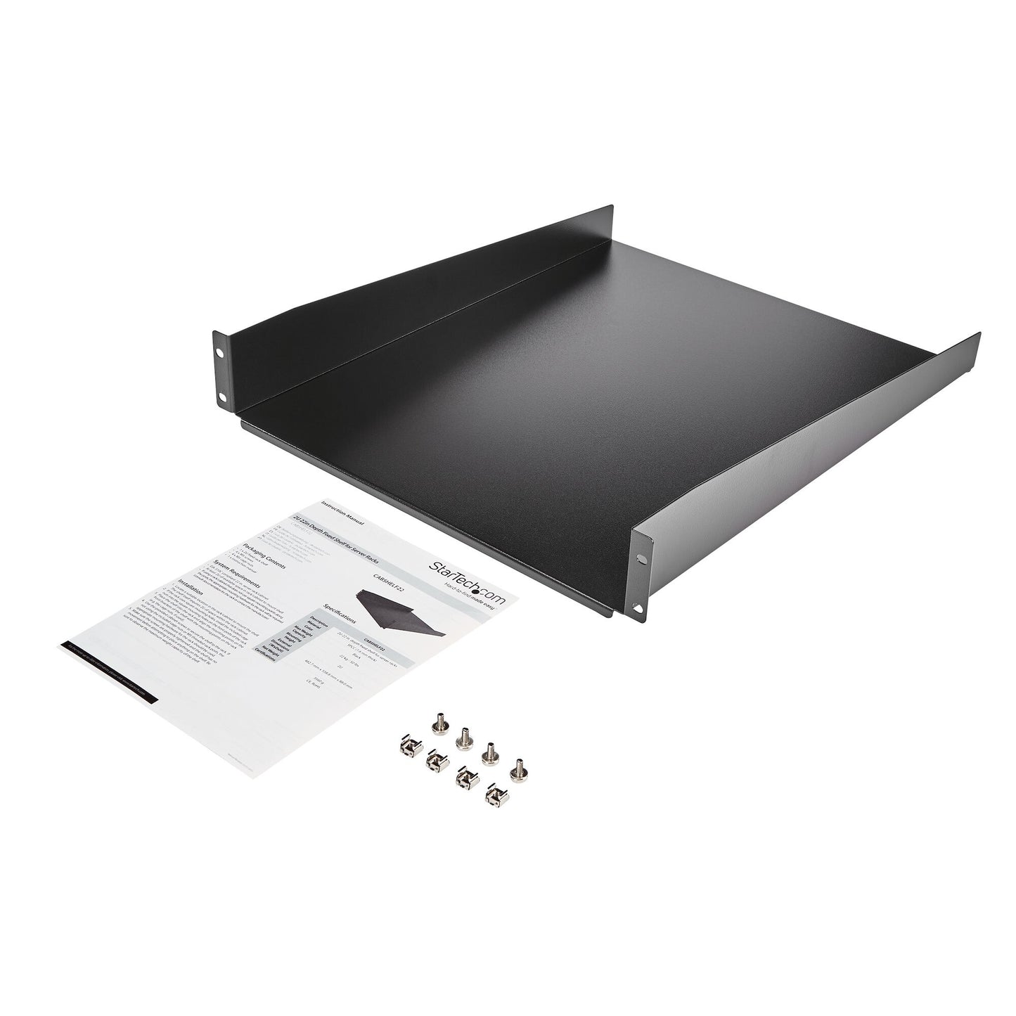 StarTech.com 2U Server Rack Shelf - Universal Rack Mount Cantilever Shelf for 19" Network Equipment Rack & Cabinet - Heavy Duty Steel – Weight Capacity 50lb/23kg - 22" Deep Tray, Black